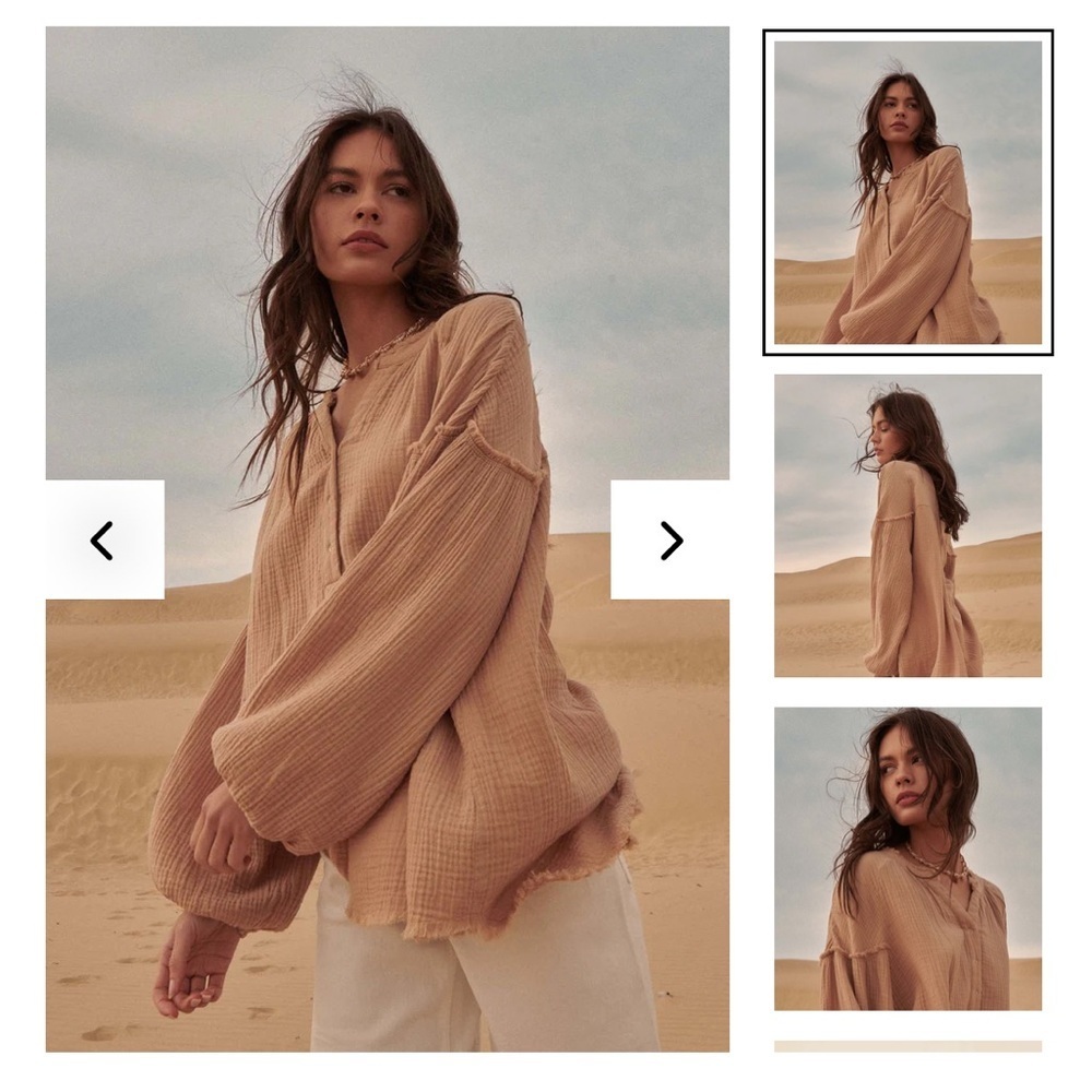 With Love Crinkle Cotton Henley Top Beige Women’s L Lagenlook layering Shirt